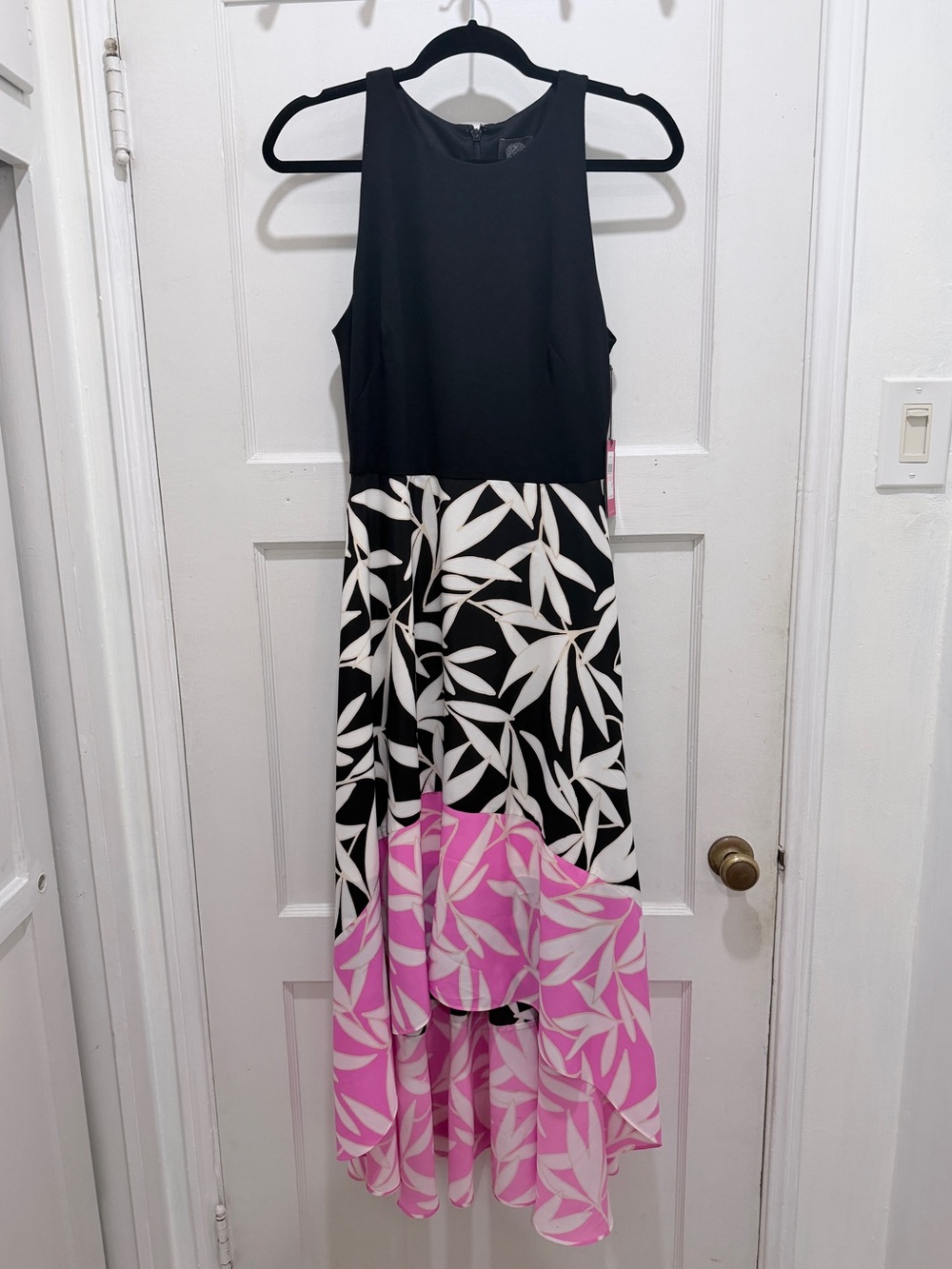 Vince Camuto Black, White & Pink Leaf-Print Asymmetrical Maxi Dress
